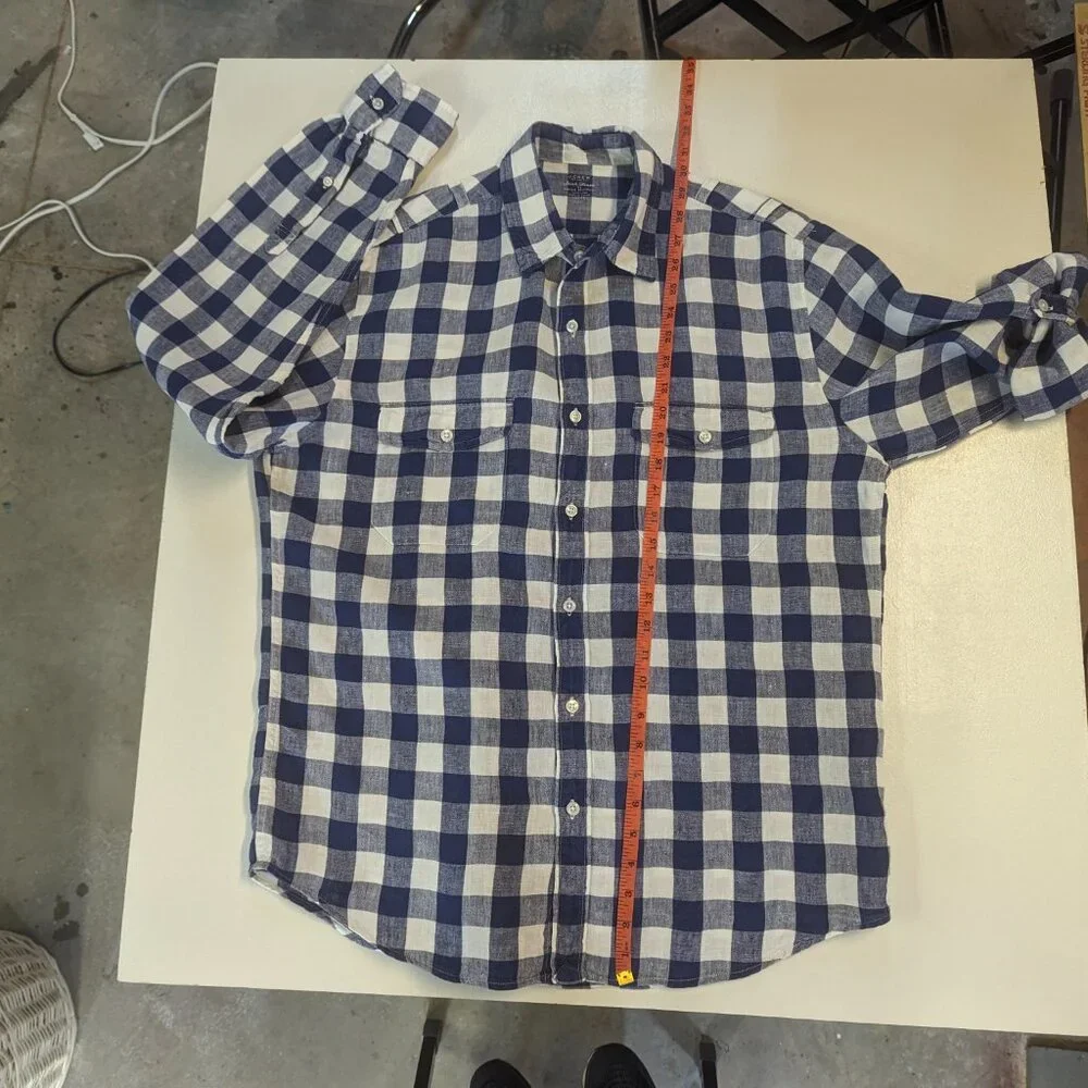 J. Crew Size Large 100% Linen Navy/White Checkered Button Down